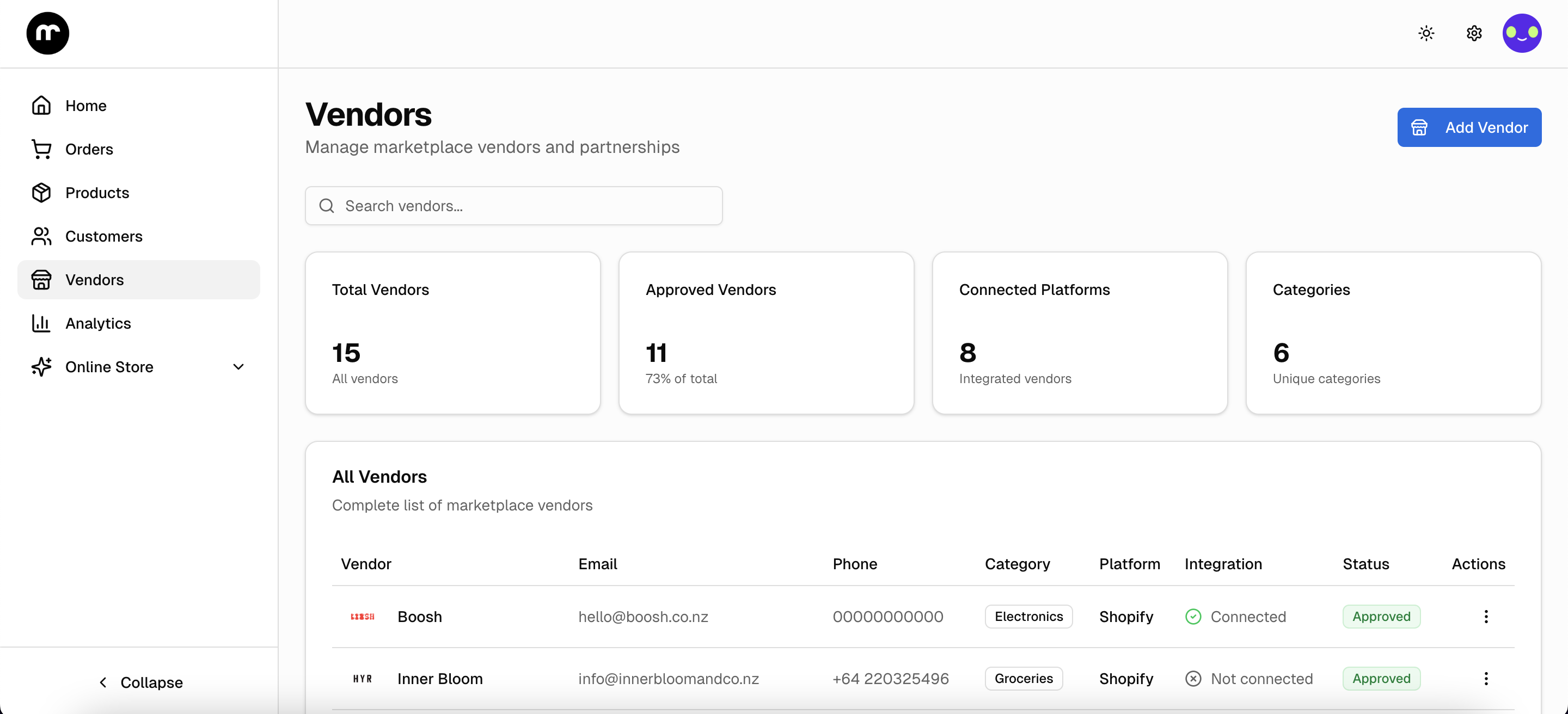 Vendors management dashboard showing vendor partnerships